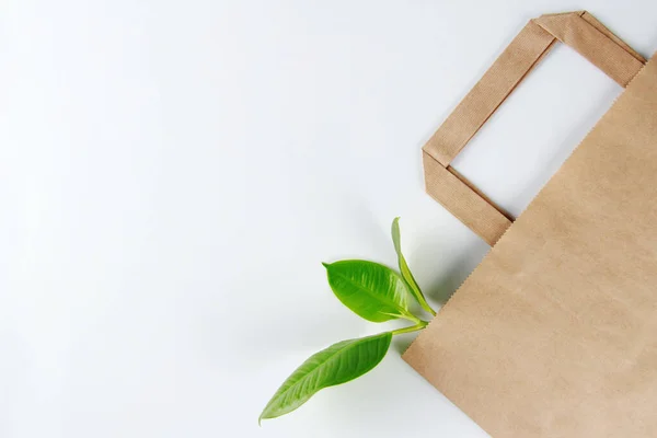 Ecology. Eco-friendly paper bag-kraft and green leaf on white background. The concept of zero waste. Top view. Flatley. Space for the text. Copyspace.