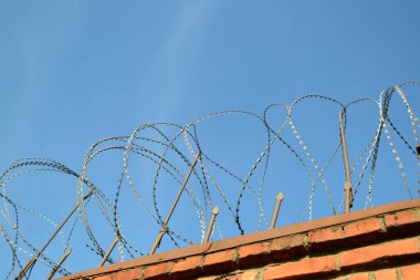 A close-up of barbed wire on an old brick wall with a blue sky in the background.The view from the prison and the concept of freedom, warehouse security in an industrial enterprise, security
