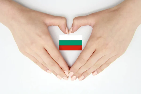 Women Hands Create Heart Flag Bulgaria White Background Background Postcards — Stock Photo, Image