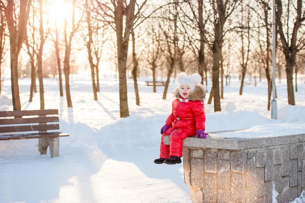 Retrato de uma menina no inverno se divertindo com neve — Fotografia de Stock