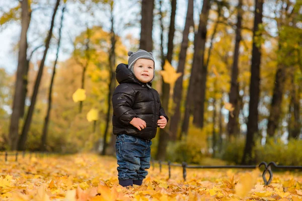 Photo of cute little boy enjoying autumn nature, pretty infant p — Stock Photo, Image