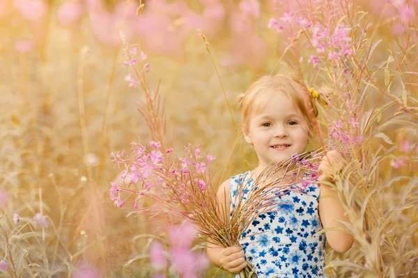 Liebenswertes kleines Mädchen lacht auf einer Wiese - glückliches Mädchen — Stockfoto