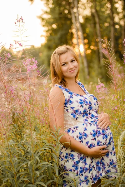 Donna incinta carina in un campo — Foto Stock