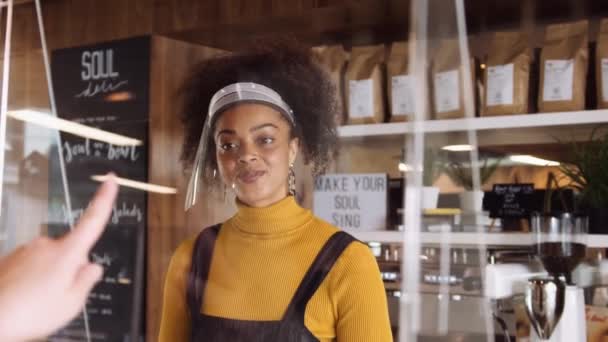 Eye Level Medium Close Female African Coffee Shop Owner Wearing — Stock Video