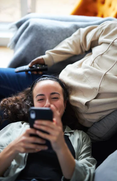 Overhead Shot Young Mixed Ethnicity Couple Relaxing Sofa Home Man — Fotografia de Stock