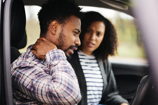 Couple Car Road Traffic Accident Male Driver Suffering Whiplash Injury — Stock Photo, Image