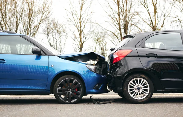 Two Cars Involved Traffic Accident Side Road Damage Bonnet Fender — Stock Photo, Image