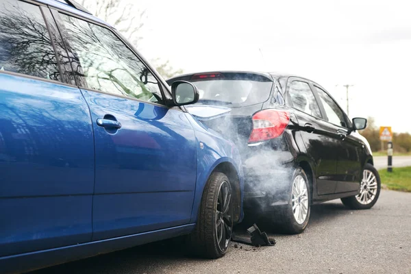 Two Cars Involved Traffic Accident Side Road Damage Bonnet Fender — Stock Photo, Image