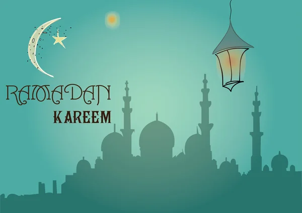 Yaratıcı tebrik kartı tasarımı için Müslüman topluluk Festivali Ramazan Kareem ile ay ve asılı fener, kutsal ay yıldız üzerinde yeşil arka plan.
