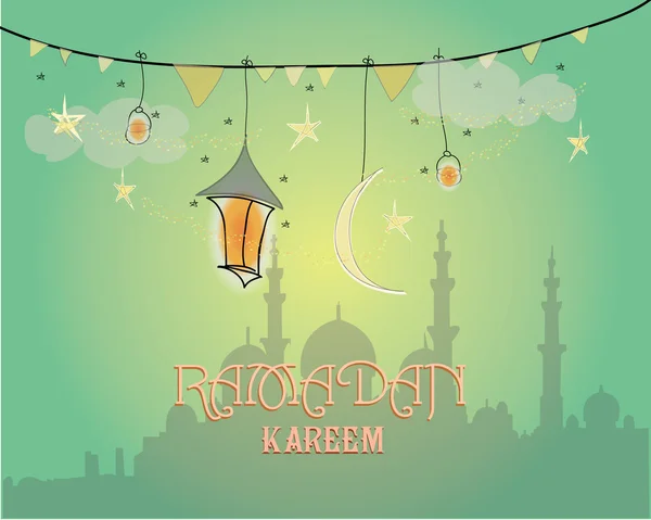 Kreatives Grußkartendesign für den heiligen Monat des muslimischen Gemeindefestes Ramadan Kareem mit Mond und hängender Laterne, Sterne auf grünem Hintergrund. — Stockvektor