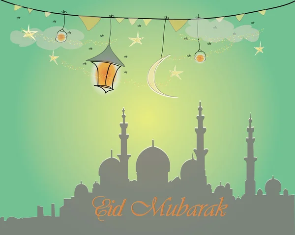 Творческий дизайн поздравительных открыток к священному месяцу мусульманского общественного праздника Ид Мубарак с луной и висячим фонарем, звезды на зеленом фоне . — стоковый вектор