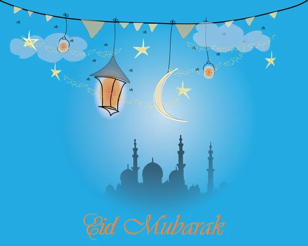 Творческий дизайн поздравительных открыток для священного месяца мусульманского общинного праздника Ид Мубарак с луной и висячим фонарем, звезды на синем фоне . — стоковый вектор