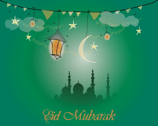 Творческий дизайн поздравительных открыток к священному месяцу мусульманского общественного праздника Ид Мубарак с луной и висячим фонарем, звезды на зеленом фоне . — стоковый вектор