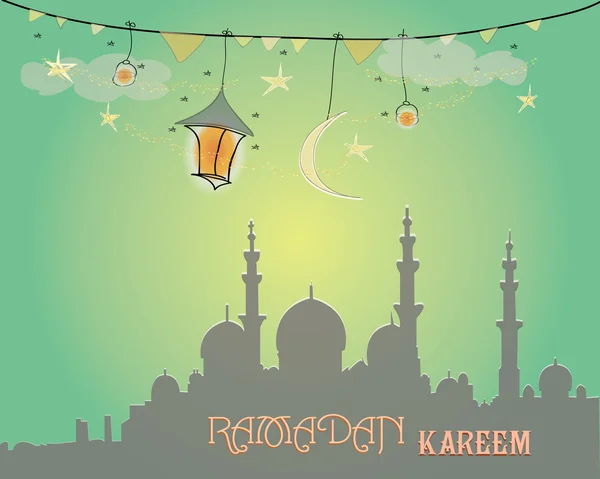 Yaratıcı tebrik kartı tasarımı için Müslüman topluluk Festivali Ramazan Kareem ile ay ve asılı fener, kutsal ay yıldız üzerinde yeşil arka plan.