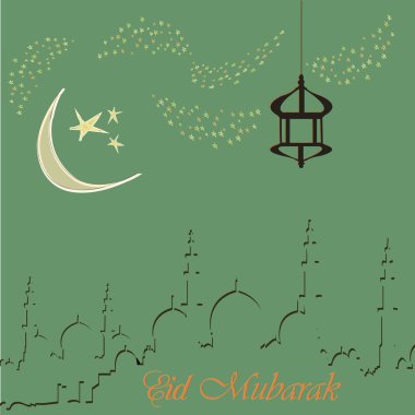 Yaratıcı tebrik kartı tasarımı için Müslüman topluluk Festivali Eid Mubarak fenerle, ay ve asılı kutsal ay yıldız arka plan üzerinde.
