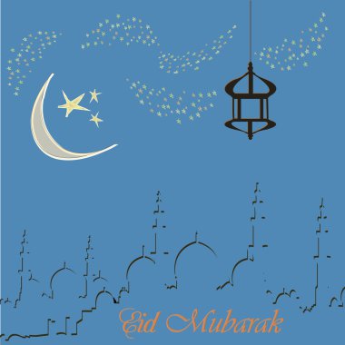 Yaratıcı tebrik kartı tasarımı için Müslüman topluluk Festivali Eid Mubarak fenerle, ay ve asılı kutsal ay yıldız arka plan üzerinde.