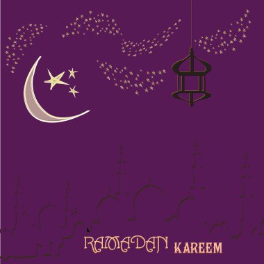Ay ve asılı fener ile Müslüman toplum festivali Ramazan Kareem kutsal ay için Yaratıcı tebrik kartı tasarımı, arka planda yıldız.