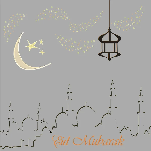 Творческий дизайн поздравительных открыток для священного месяца мусульманского общинного праздника Ид Мубарак с луной и висячим фонарем, звезды на заднем плане . — стоковый вектор