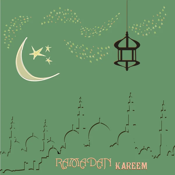 Design de cartão criativo para o mês sagrado do festival comunitário muçulmano Ramadan Kareem com lua e lanterna pendurada, estrelas no fundo . —  Vetores de Stock