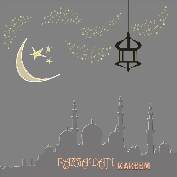Дизайн поздравительных открыток для священного месяца мусульманского общинного праздника Рамадан Карим с луной и висячим фонарем, звезды на заднем плане . — стоковый вектор