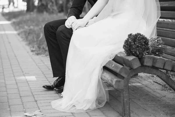 Bride and groom holding hands — Stock Photo, Image