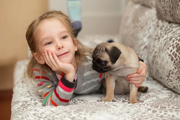 Bir kızla oynayan güzel pug köpek yavrusu