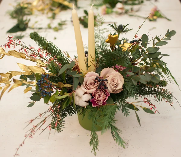 Creating a wonderful composition cotton, cones, fir, magical variety carnations and delicious varieties of roses. Handmade — Stock Photo, Image