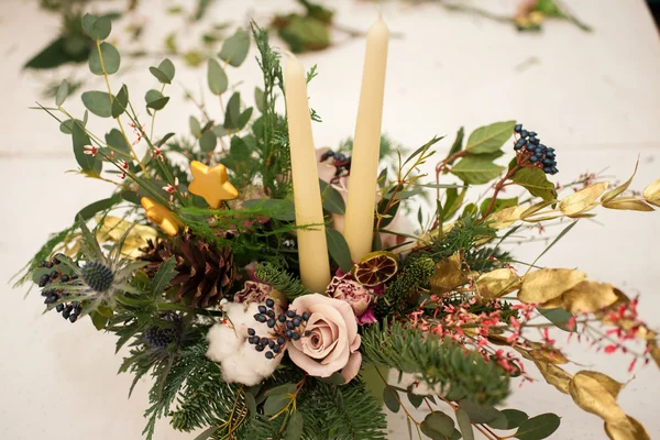 Creating a wonderful composition cotton, cones, fir, magical variety carnations and delicious varieties of roses. Handmade — Stock Photo, Image