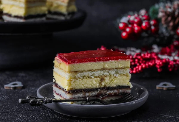 Slice Strawberry Chocolate Cake Plate Fork Christmas Decor Black Background — Stock Photo, Image