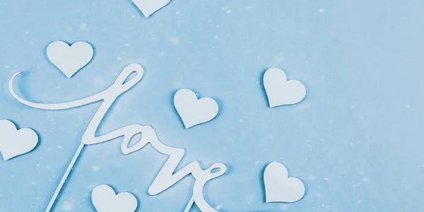 White Hearts Word Love Paper Cut Left Blue Background Place — Stock Photo, Image