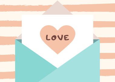 A blue envelope with a white sheet and a heart on a striped background, close-up.