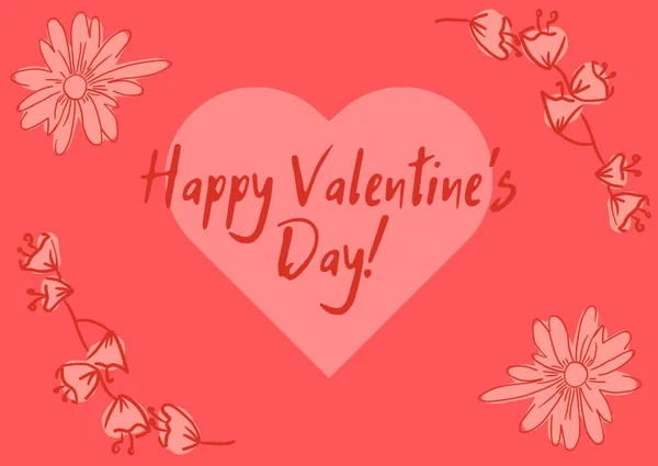 Carte Saint Valentin Illustrative Avec Coeur Fleurs Sur Rouge Gros — Photo