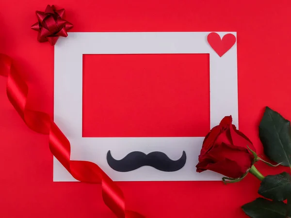 Frame Ribbon Mustache Heart Rose Red Background Place Text Middle — Zdjęcie stockowe