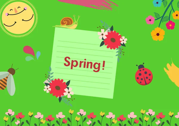 Spring Card Sun Flowers Insects Green Background Writing Notebook Sheet — Zdjęcie stockowe