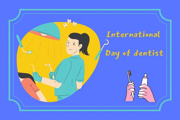 Dentist with a patient in the office on the left, and on the right hands with toothpaste and a brush on a blue background.