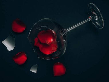Broken glass and rose petals with fringes lie diagonally on a black background, top view.