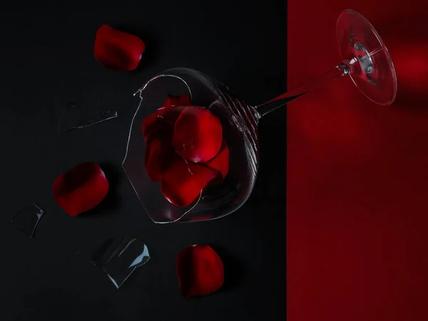 Broken Glass Rose Petals Lie Diagonally Red Black Background Close — Foto de Stock
