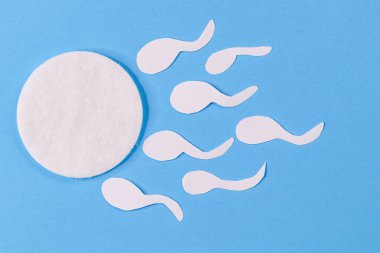 Kağıt kaplı pamuk yastık mavi arka planda sperm kesimi, yakın plan..