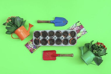 Topraklı yumurta tepsisi, çiçekli sulama tenekeleri, yeşil arka planda tohumlu bahçe kürekleri, yakın çekim üst görünümü.