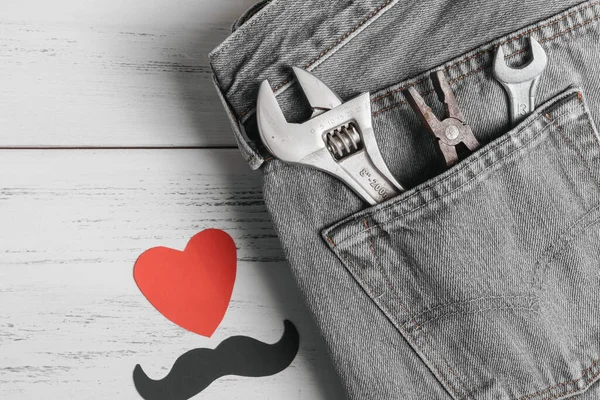 Construction Old Tools Jeans Pocket Paper Heart Mustache Lie White — Stock Photo, Image