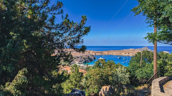 Grecia Lindos Junio 2021 Hermosa Vista Bahía Del Mar Mediterráneo — Foto de Stock