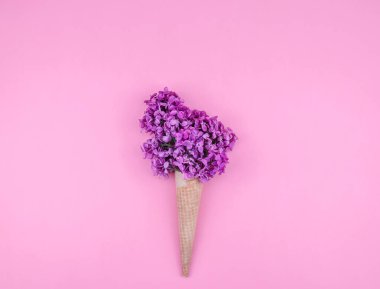 Waffle külahında leylak çiçekleri pembe bir arka planda yatar, kenarlarında yazı için boşluk, üstte yakın çekim.