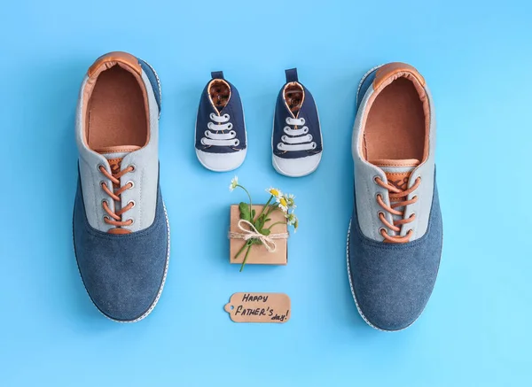 Pair Men Baby Sneakers Daisies Gift Lie Blue Background Top — 스톡 사진
