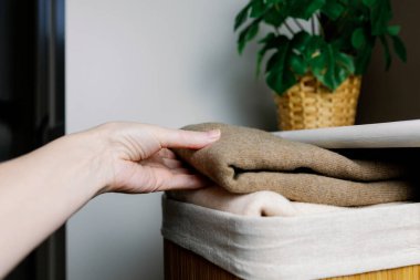 Kafkasyalı bir kadın bir eliyle bambu kutusundan kahve rengi kaşmir bir süveter alır, saksıdaki bir çiçekle birlikte bir dolaptan çıkarılır, tarlanın derinliğine yakın bir açıdan. Kadın giyimi konsepti, yeni koleksiyon, doğal şeyler.