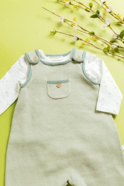 Şirin, açık yeşil bir tulum ve açık yeşil arka planda, dikey, uzun kollu, çiçek açan bir bahar dalı olan beyaz bir tulum. Yeni doğanlar için çevre dostu kıyafetler..