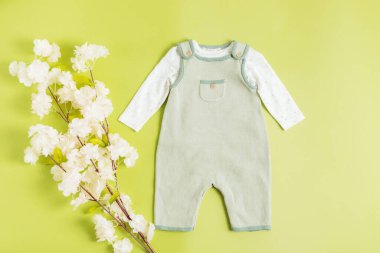 Nane aromalı pamuk örgülü, beyaz uzun kollu bir tulum ve çiçek açan bir elma dalı açık yeşil arka planda, düz zeminde, orta ön planda uzanıyor. Yeni doğanlar için çevre dostu kıyafetler..