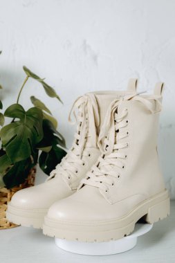 Bir çift modaya uygun, şık kadın klasik krem rengi çizme, topaklı taban ve bağcıklar beyaz yuvarlak bir standın yanında çimento duvara karşı duran saksı çiçeğinin yanında duruyor. Dikey bir yan bakış, yakın plan. Konsept: Kadın ayakkabıları, moda koleksiyonu