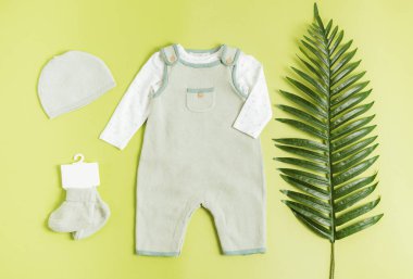 Nane renginde pamuk örgü tulumu, uzun kollu tulum, bere ve palmiye ağacı temalı çoraplar açık yeşil arka planda, düz zeminde, orta ön planda yatar. Yeni doğanlar için çevre dostu kıyafetler..