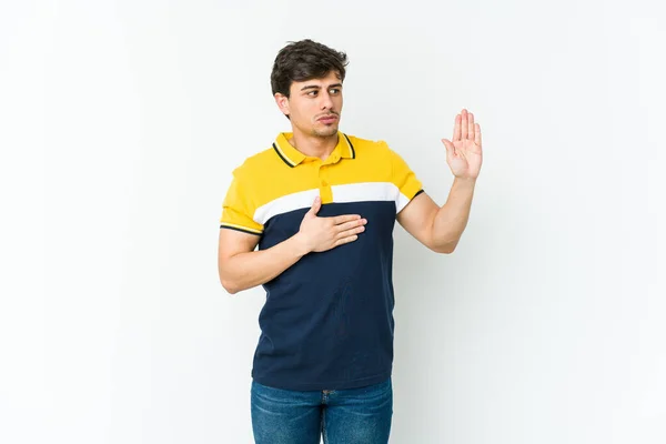 Young Cool Man Taking Oath Putting Hand Chest — Stock Photo, Image