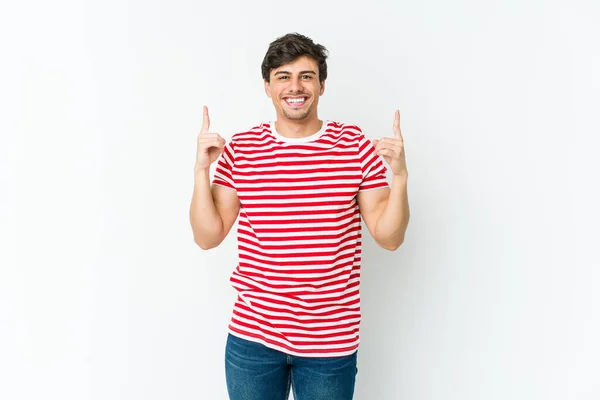 Young Cool Man Indicates Both Fore Fingers Showing Blank Space — Stock Photo, Image